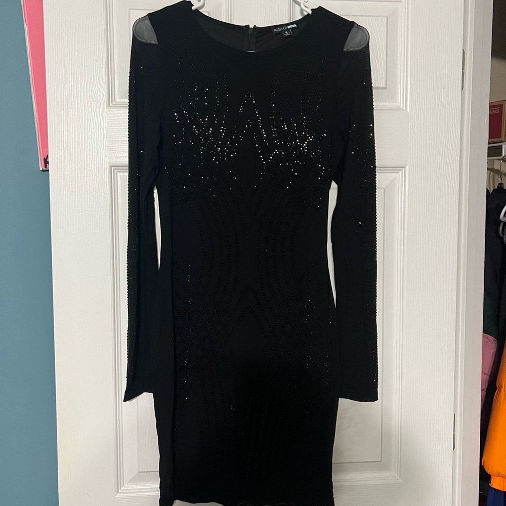 Black Mesh Rhinestone Long sleeve Mid thigh Dress.